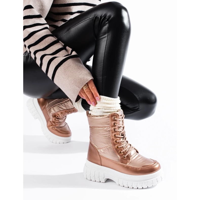 Cizme de zăpadă de damă aurii cu șireturi de aur 2