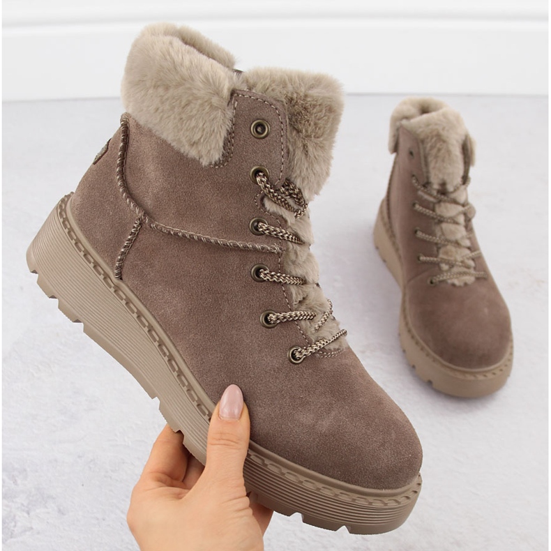 Cizme de dama din piele cu blana pe platforma maro Rieker 70402-24 bej 1