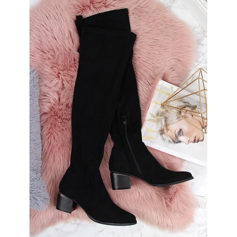 Cizme peste genunchi eVento negre de piele intoarsa pentru femei negru 1