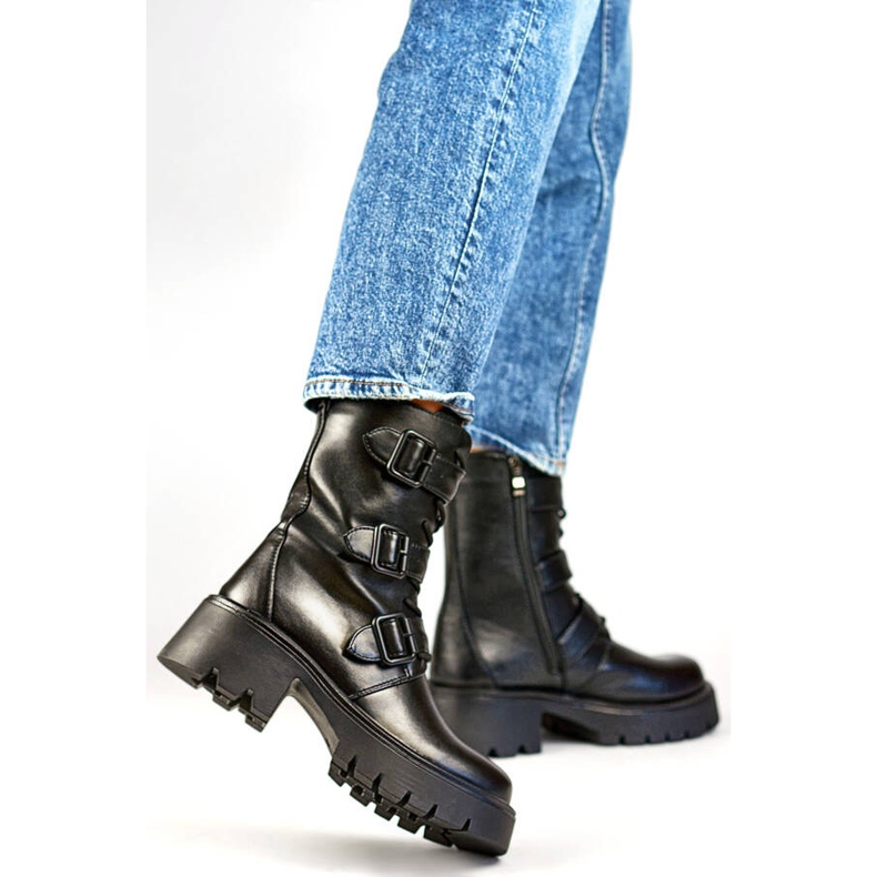 Ghete moto înalte de damă cu catarame, negre GD-FL2206B negru 1