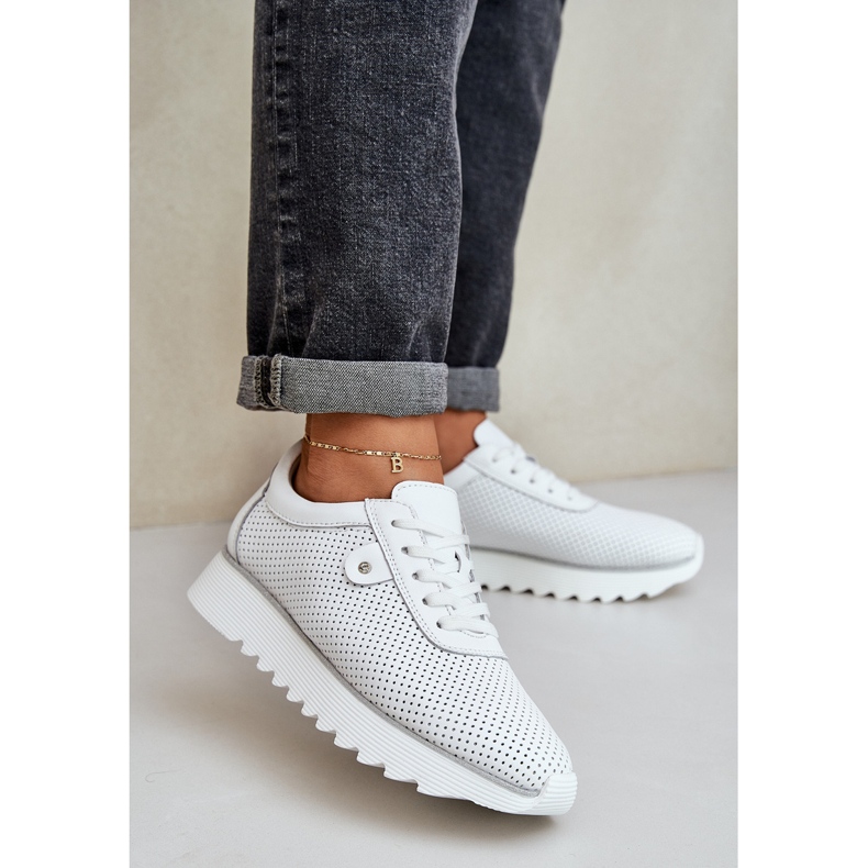 S.Barski Pantofi sport din piele pe platformă cu sclipici LR51-629 Alb 2