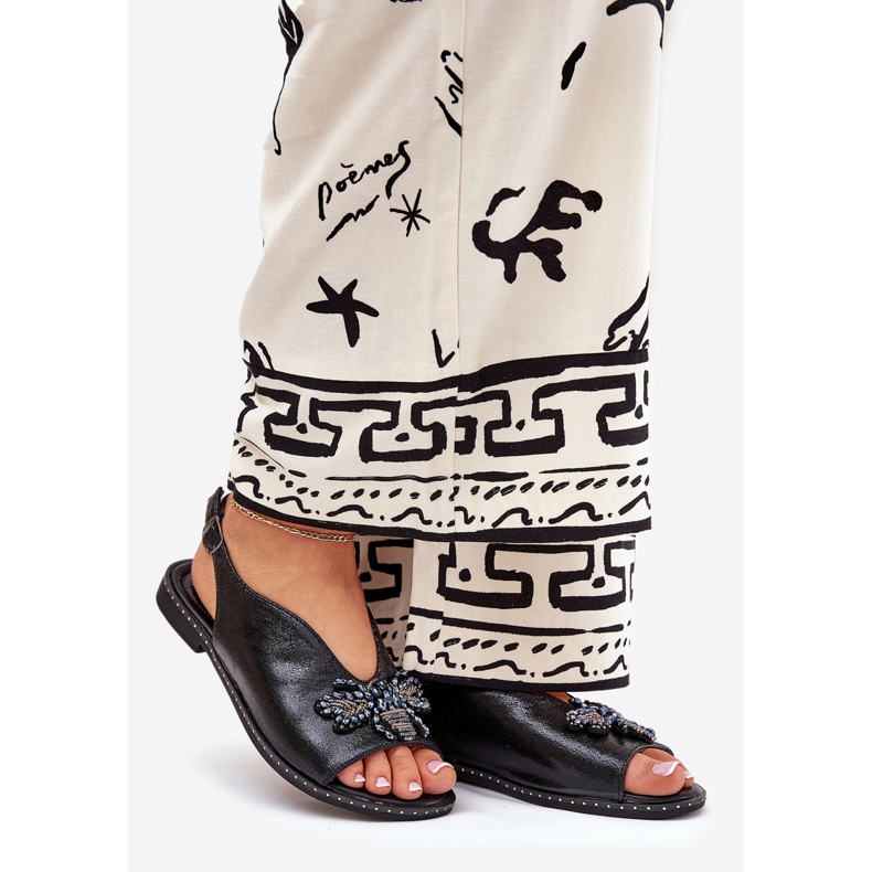 Jezzi Sandale strălucitoare pentru femei cu un ornament de negru plat 1