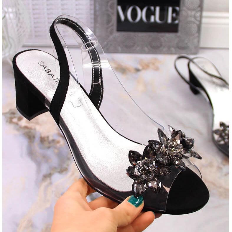 Sandale de dama transparente pe bloc cu pietre negru Sabatina 2014-600 1