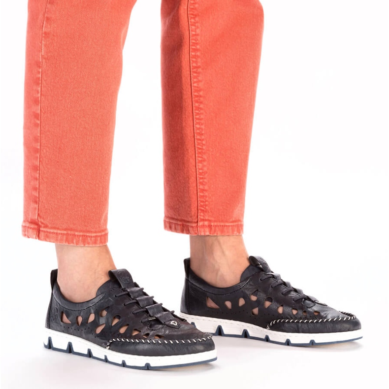 Pantofi slip-on ajurati din piele de dama, bleumarin Rieker 49956-14 albastru 1