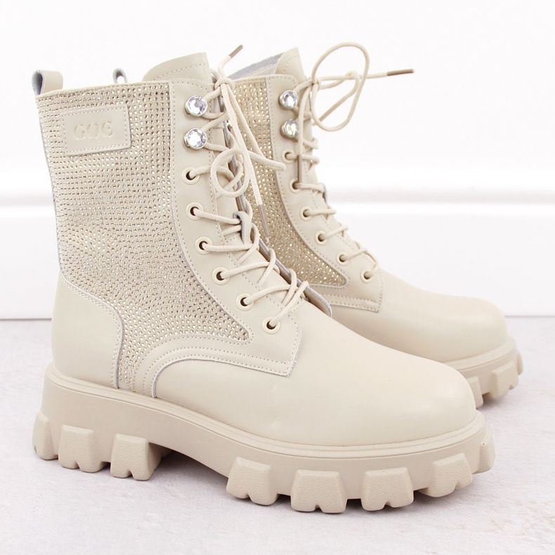 Botine de dama din piele cu strasuri, bej Goe OO2N4108 2