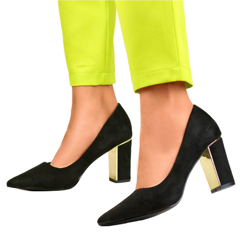 Pompe ascuțite de damă cu toc decorativ înalt, piele intoarsă neagră GD-DO112A-B negru 2