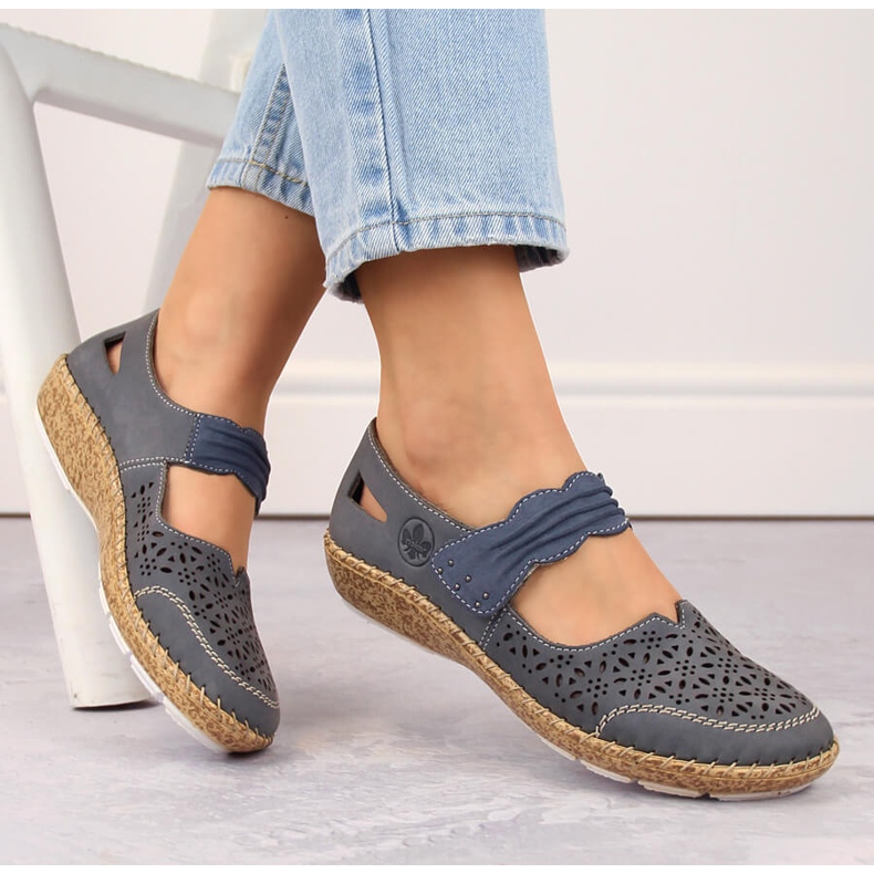 Pantofi de dama din piele ajurata cu Velcro, albastru Rieker 44896-15 1