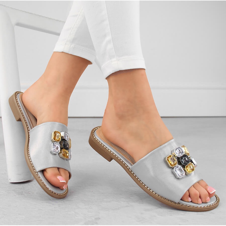 Papuci de dama comozi argintii cu zirconi S.Barski 031 2