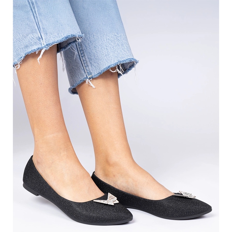 Ballerine de sclipici pentru femei negre cu un fluture negru 1