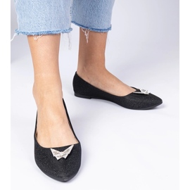 Ballerine de sclipici pentru femei negre cu un fluture negru 2