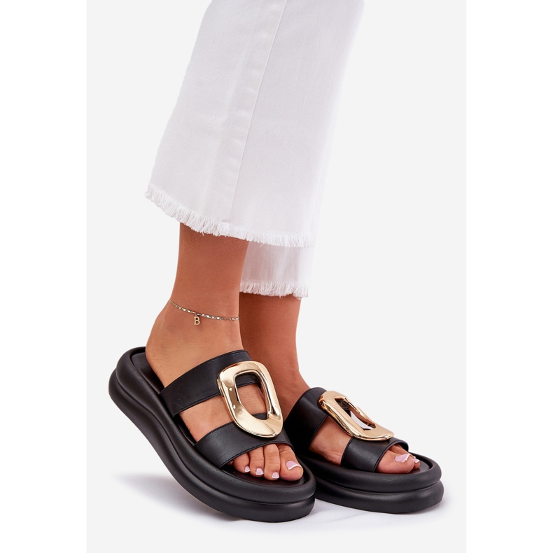 Flip -flops pentru femei pe platformă cu detalii aurii negre negru 1