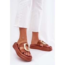 Flip -flops pentru femei pe platformă cu cămilă cu detaliu de aur maro 2