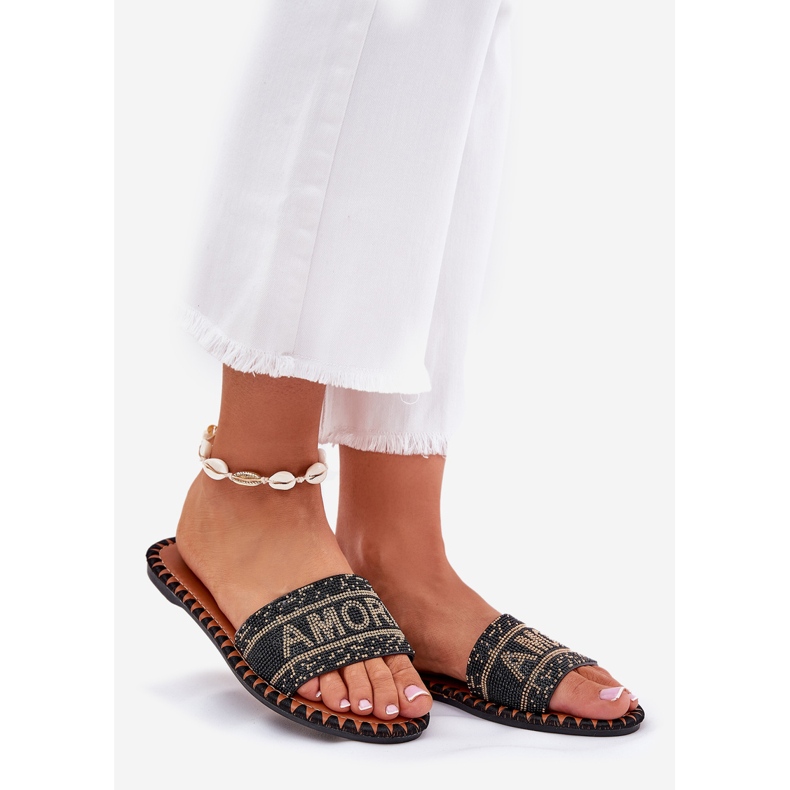 Flip -flop -uri pentru femei cu lac plat cu decorare neagră negru 1