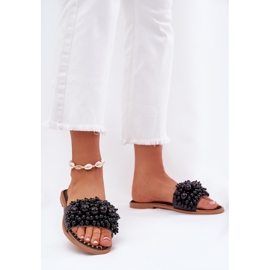 Papuci pentru femei plate cu mărgele decorative Black Beads negru 2 Papuci pentru femei plate cu mărgele decorative Black Beads negru 2