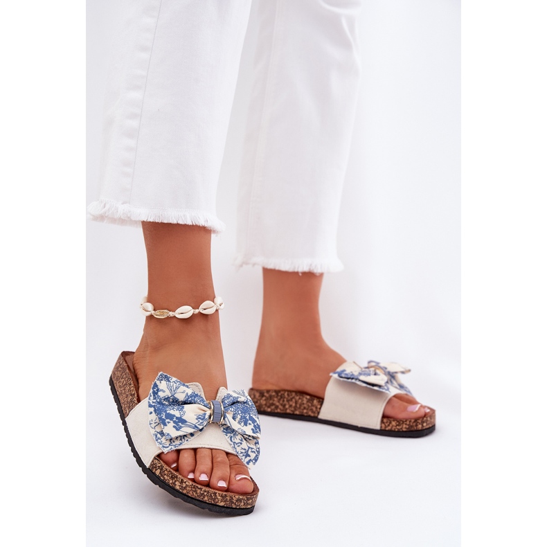 Papuci pentru femei cu un arc pe platforma de plută albastră bej 2