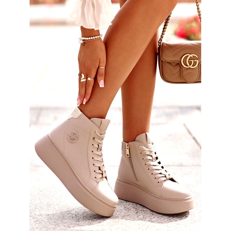 Pantofi de damă înalți din piele pe platformă Vinceza 66707 Bej 5