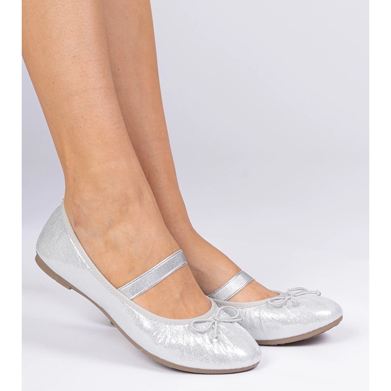 Ballerine pentru femei din argint cu arc pe o bandă elastică 1
