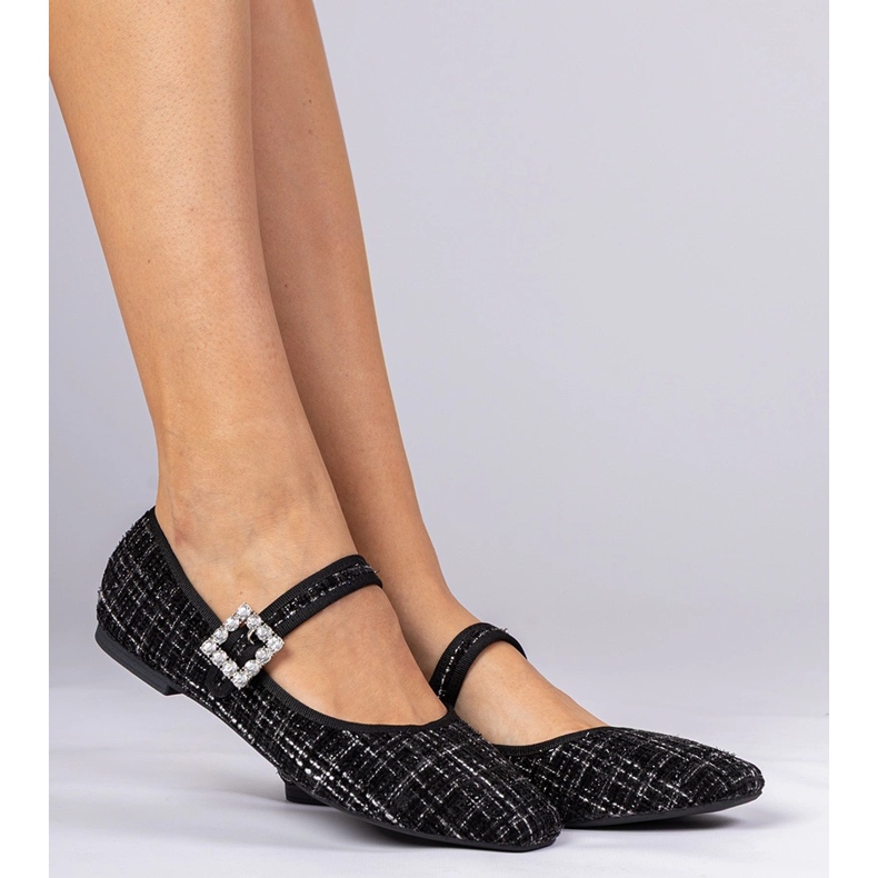 Balerinele pentru femei negre cu cataramă și cristale negru 2