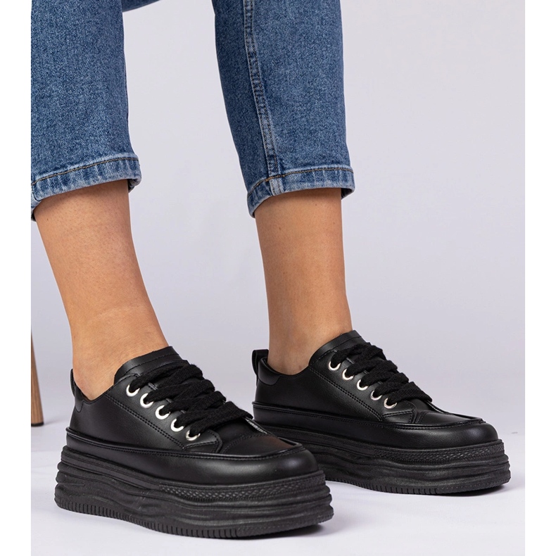 Adidași de femei negre pe o talpă mare negru 1
