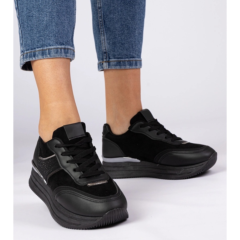 Adidașii pentru femei negre pe platformă cu zirconi negru 1