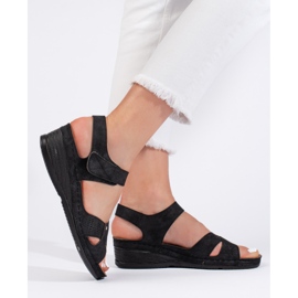 Sandale cu pană cu velcro negre de damă negru 2 Sandale cu pană cu velcro negre de damă negru 2