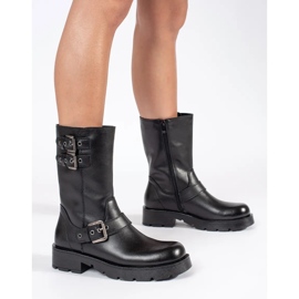 Botine de dama neagra din piele pe platforma decorate cu dungi Sergio Leone negru 2