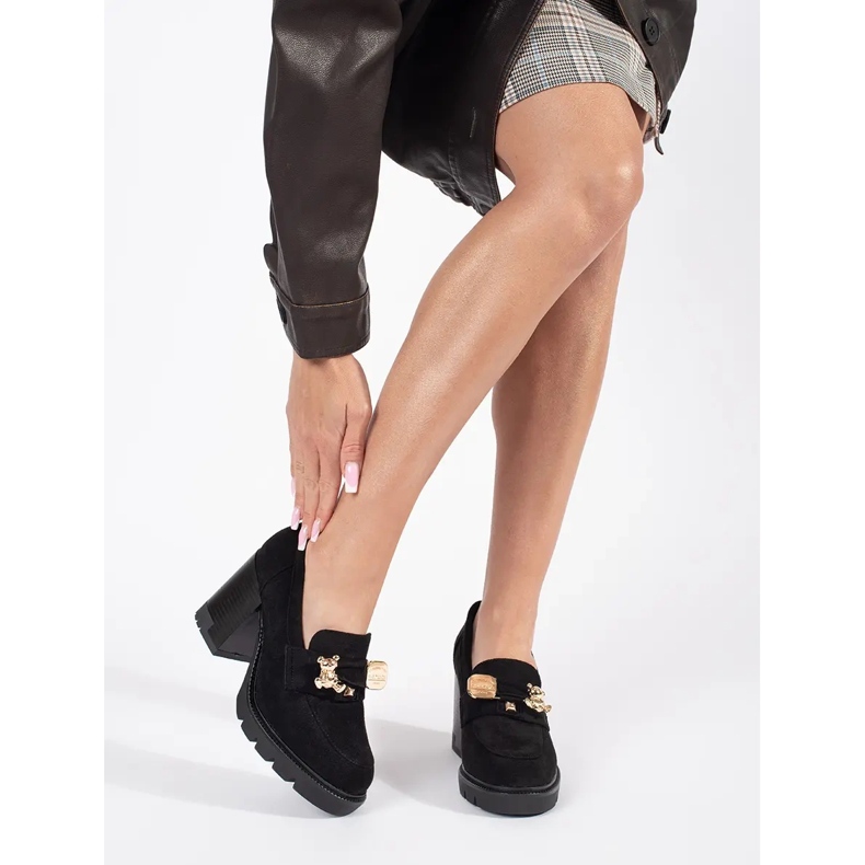 Pantofi de dama negre din piele intoarsa cu toc inalt si decor metalic negru 1