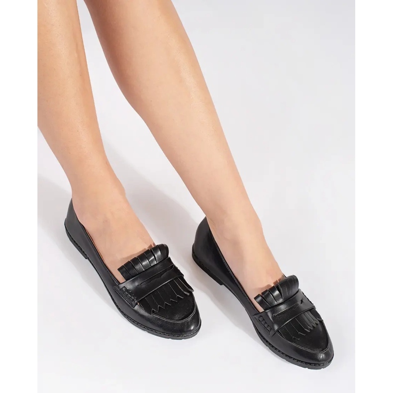 Black Mocasini de dama decorati cu franjuri negru 1