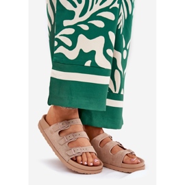 Papuci pentru femei cu dungi și catarame bej 1