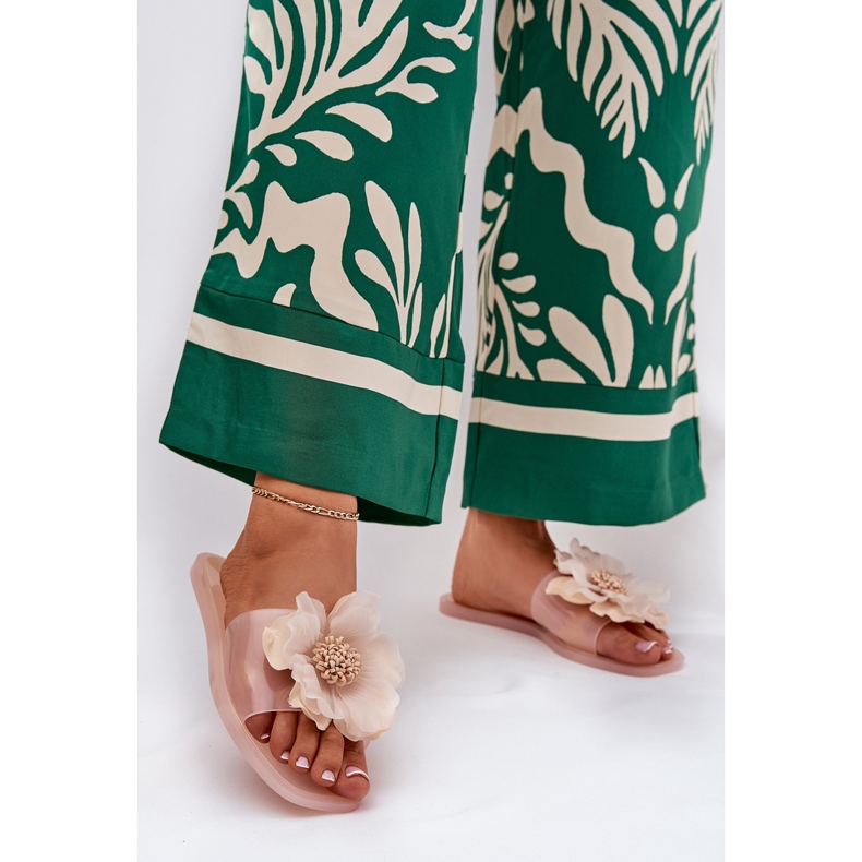 Flip -flop -uri pentru femei plate transparente cu floare nude artificială bej 2