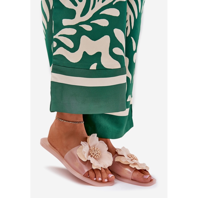 Flip -flop -uri pentru femei plate transparente cu floare nude artificială bej 1