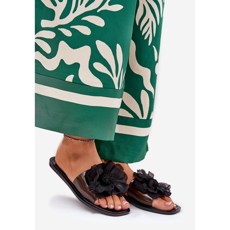 Flip -flop -uri pentru femei plate transparente cu flori artificiale negre negru 1
