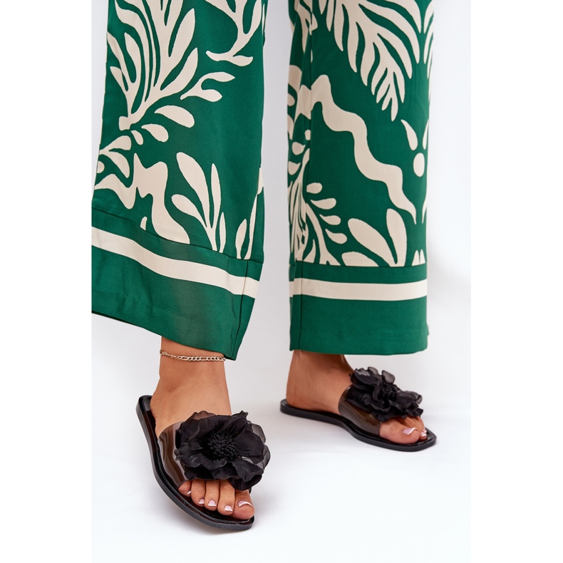 Flip -flop -uri pentru femei plate transparente cu flori artificiale negre negru 2