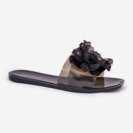Flip -flop -uri pentru femei plate transparente cu flori artificiale negre negru 3