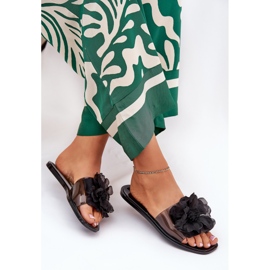Flip -flop -uri pentru femei plate transparente cu flori artificiale negre negru 7