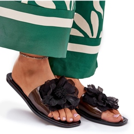 Flip -flop -uri pentru femei plate transparente cu flori artificiale negre negru 8