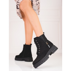 Botine de dama cu siret, cu partea superioara decorativa negru 1