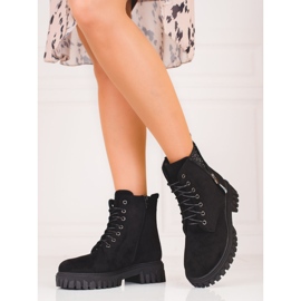 Botine de dama cu siret, cu partea superioara decorativa negru 2
