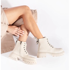 Botine de damă din piele bej cu șireturi 1