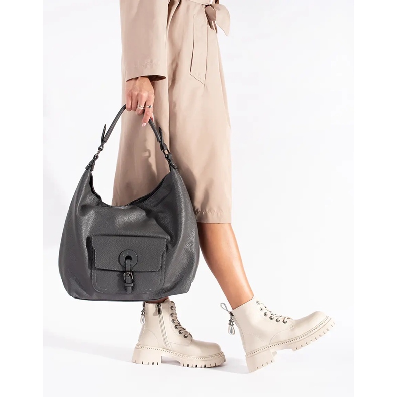 Botine de damă din piele bej cu șireturi 2