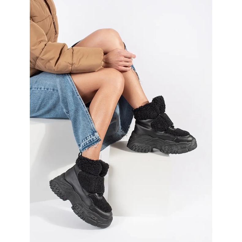 Seastar Cizme de zapada cu platforma neagra cu blana din shearling negru 2