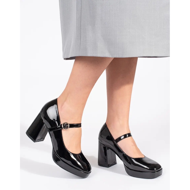 Seastar Pantofi de dama negri lacuiti cu toc inalt si catarama negru 1