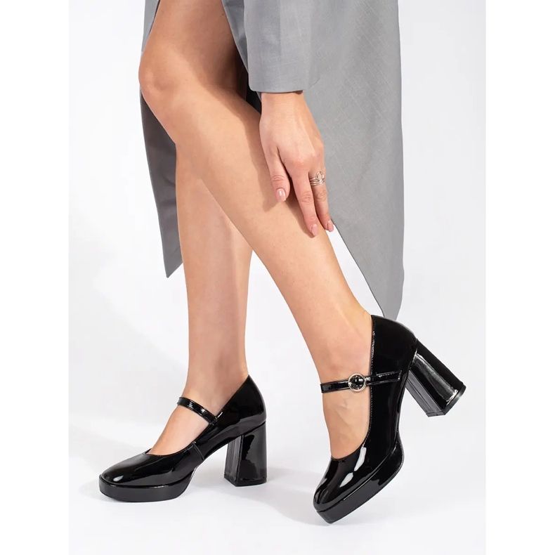 Seastar Pantofi de dama negri lacuiti cu toc inalt si catarama negru 2