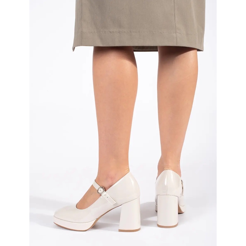 Seastar Pantofi de dama din piele lacuita bej cu toc inalt cu catarama 2