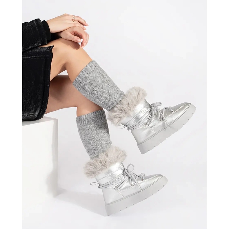 Cizme de zăpadă de damă argintii cu blană pe talpă groasă 1
