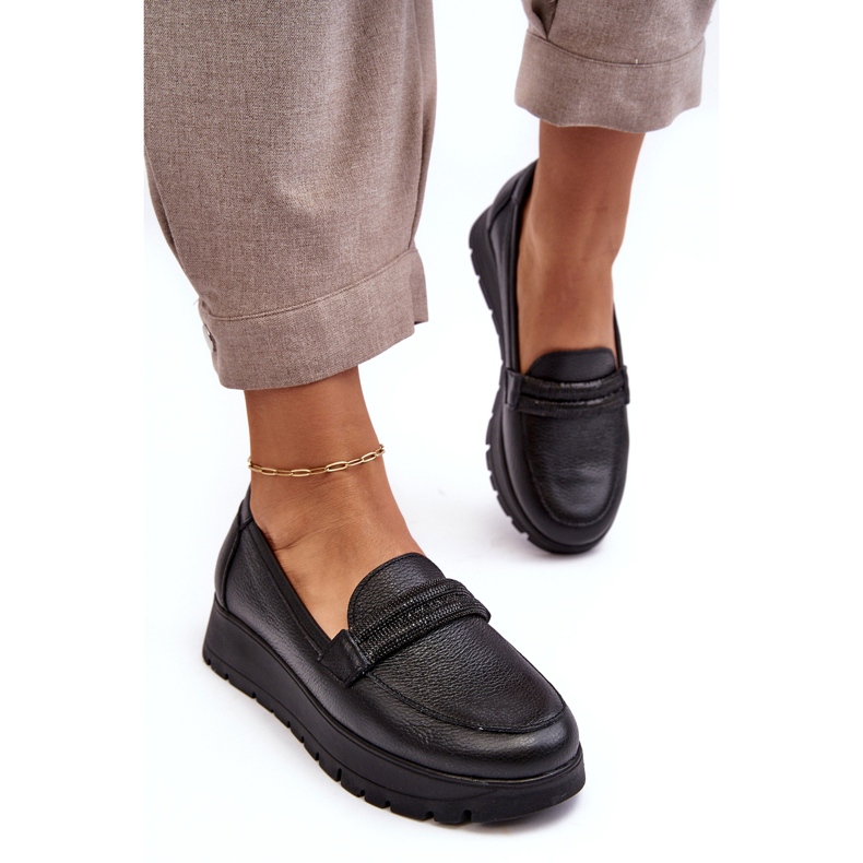 Pantofi din piele pe platformă cu un ornament lemar negru 2