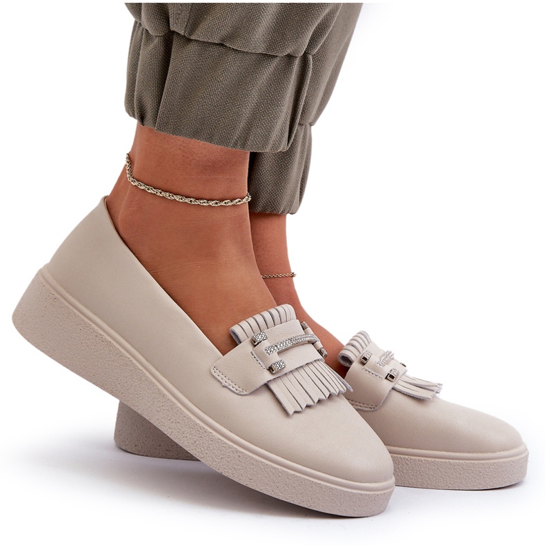 S.Barski Plotoane ușoare din piele pentru femei pe platforma bej S. Barski LR590 cu franjuri 6