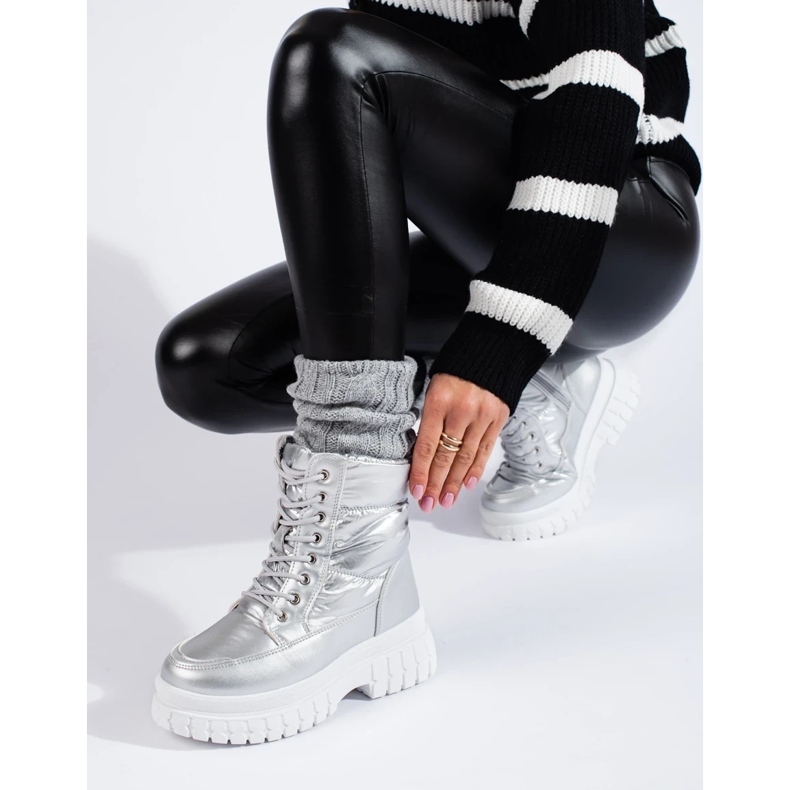 Cizme de zăpadă damă argintii cu șireturi 1