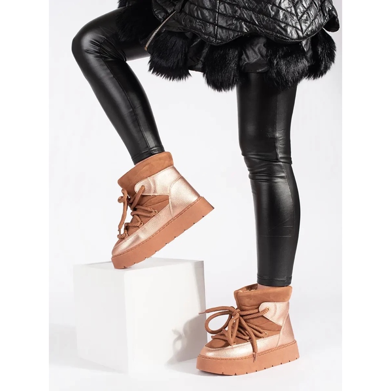 Cizme de zăpadă maro cu șireturi, cu talpă groasă 2