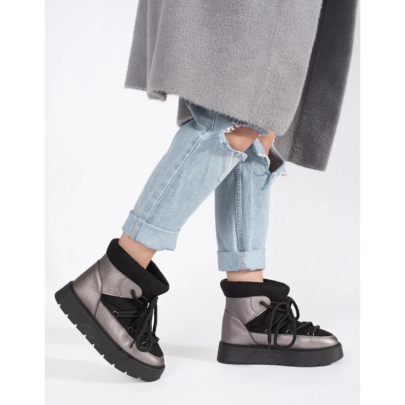 Cizme de zăpadă de damă negre și argintii cu șireturi, cu talpă groasă negru 2